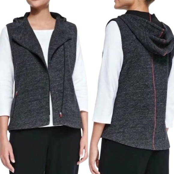 Eileen Fisher Jackets & Blazers - Eileen Fisher Hooded Zip Vest, Charcoal Textured Fleece Asymmetrical Zip, Small